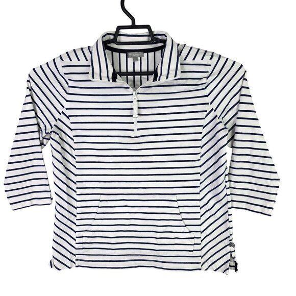 T By Talbots Tops - Womens T By Talbots White & Navy Striped Pullover Top 1/4 Zip Cotton Size MP